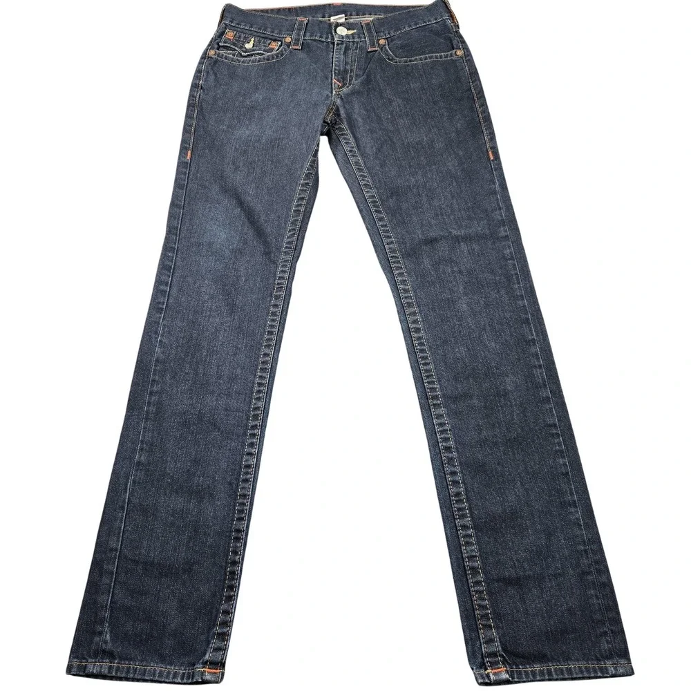 True Religion Skinny Flap Jeans Mens 33x33 (tag 31) Blue Rinse Slim Denim Logo